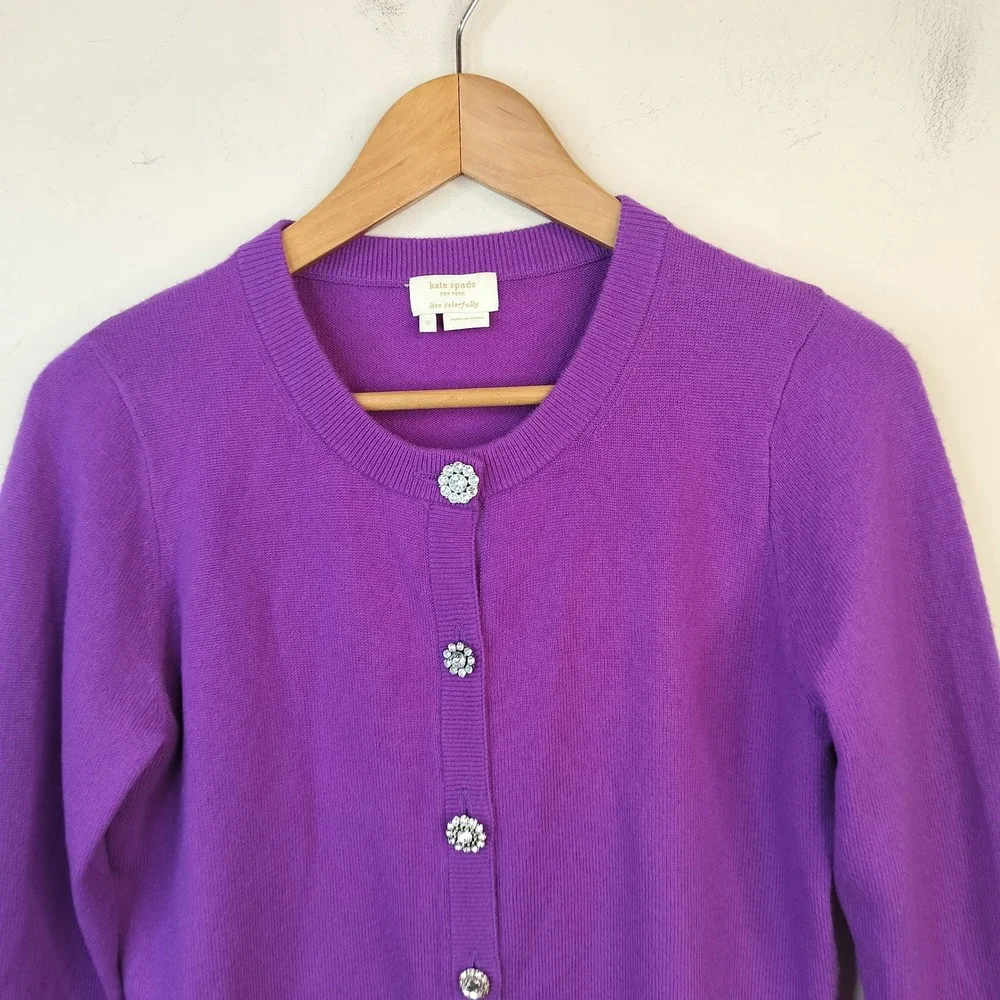 Kate Spade Wool Cashmere Cardigan Small Womens Rhinestone Button Preppy Purple